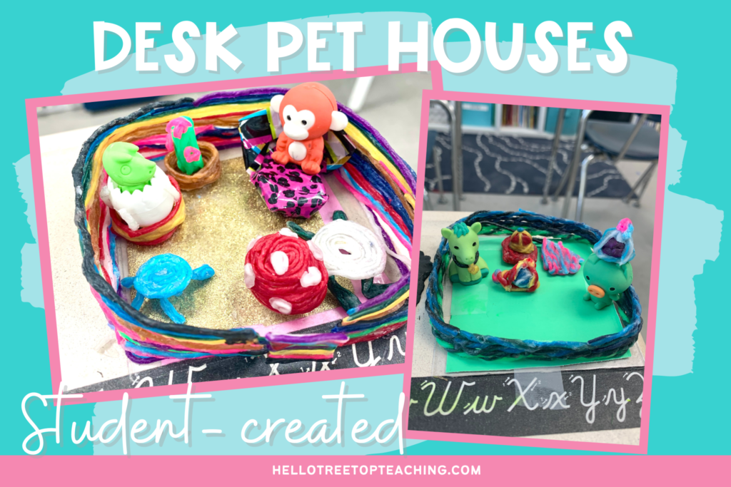 Student created habitats for desk pets made of flexible wax yarn