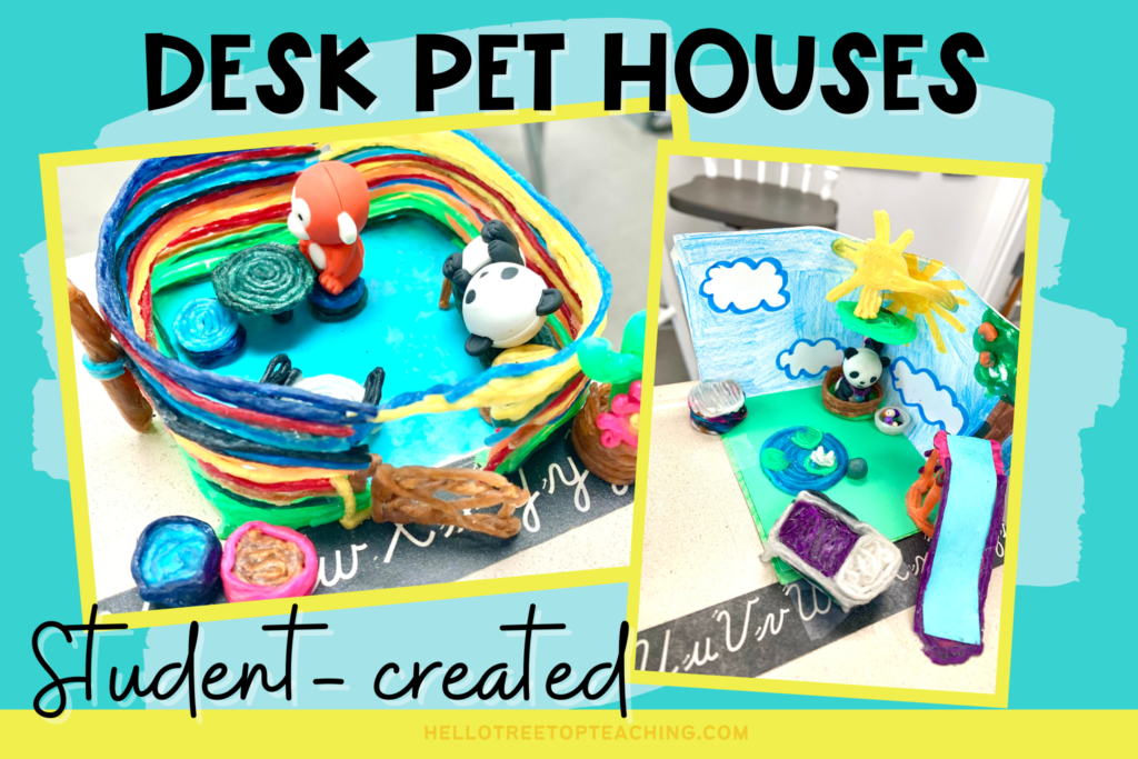 Student created houses for desk pets made of flexible wax yarn