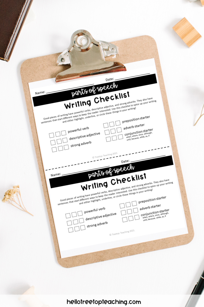 The 8 parts of speech writing checklist on a clipboard