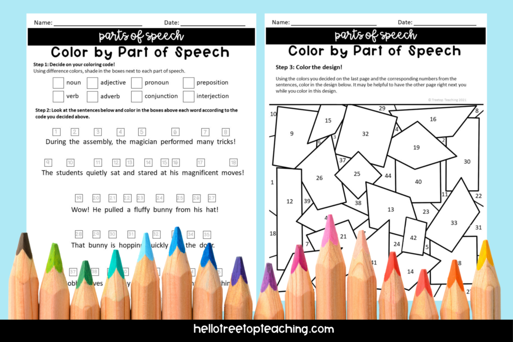 Color by number for the 8 parts of speech
