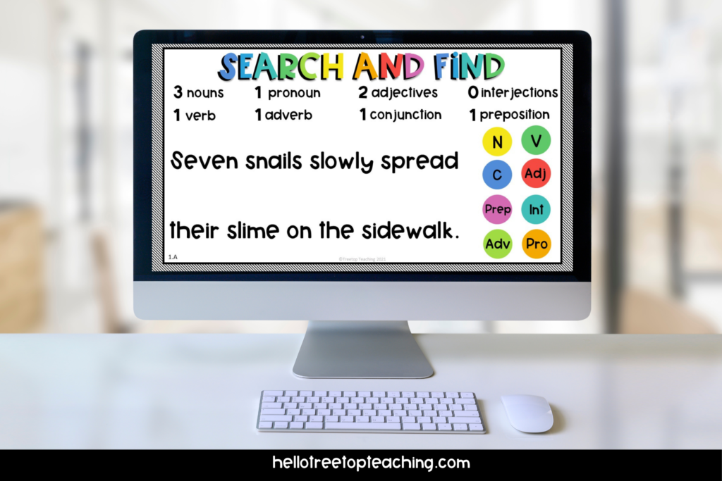 Interactive Google Slides with sentences for students to click and drag the one of the 8 parts of speech over the correct words