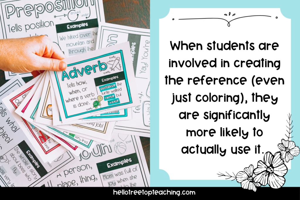 When students are involved in creating the reference (even just coloring) they are significantly more likely to actually use it.