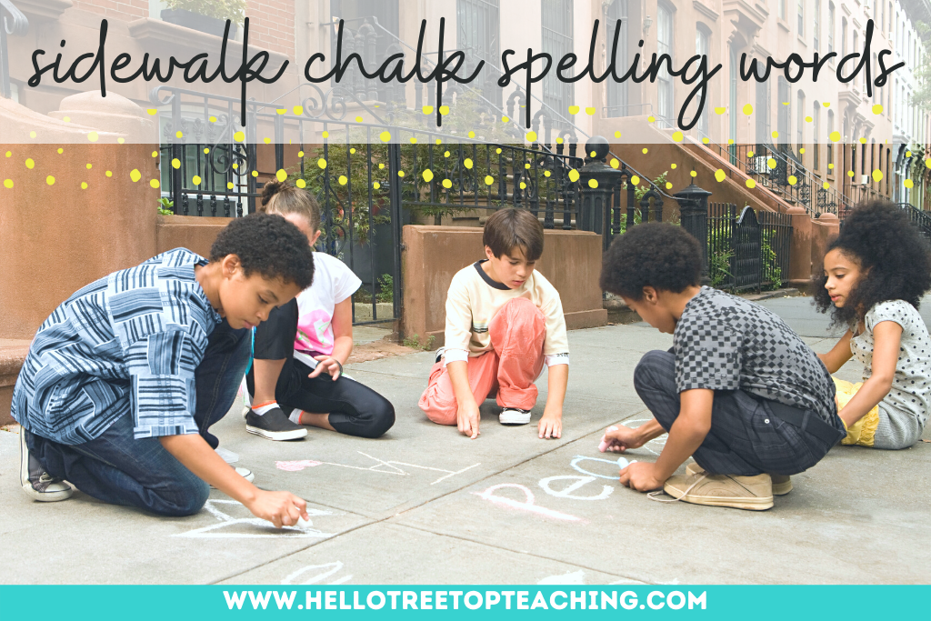 Students practicing their spelling words outside with sidewalk chalk