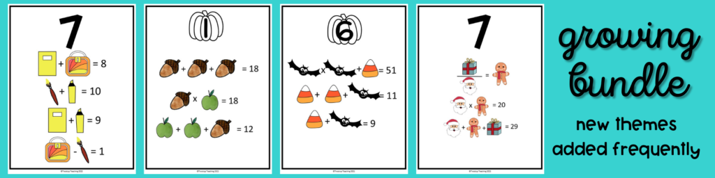 math puzzles with picture symbols for Halloween, Christmas, and back to school
