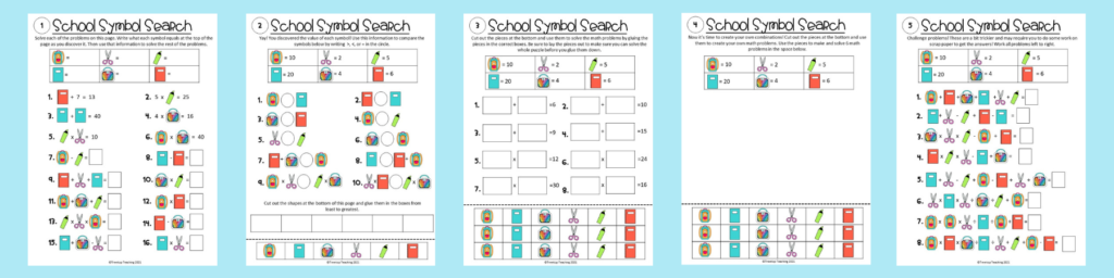 a set of 5 math puzzle worksheets with symbols and missing numbers