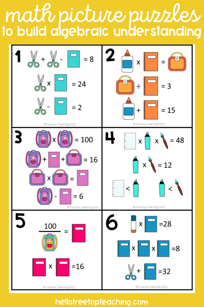 math picture puzzles for upper elementary and middle school classrooms with school supply symbols