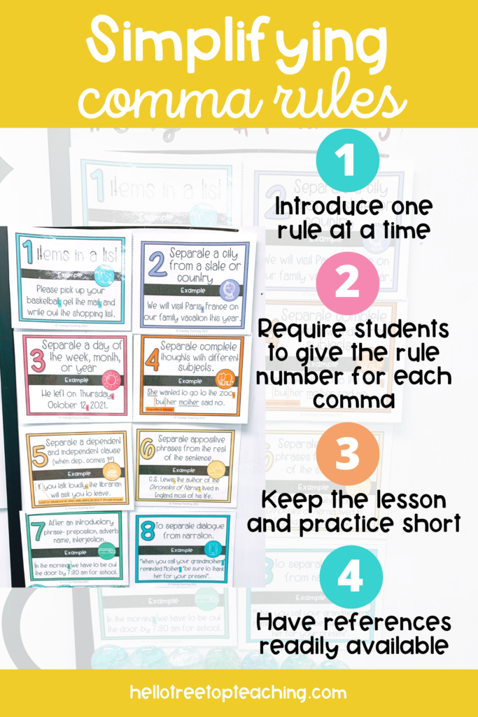 A list tips for teaching students to use commas correctly with the 8 rules for commas