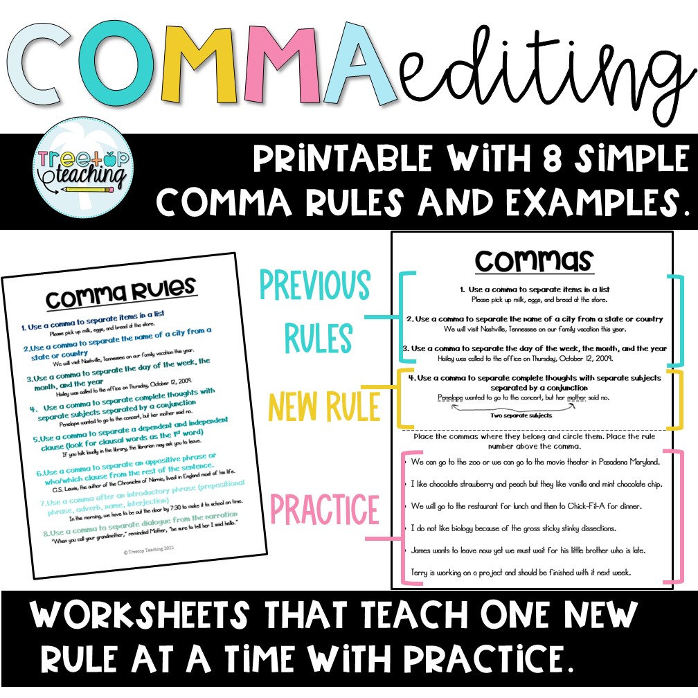 Diagram of a worksheet for comma usage with a new number on the top and practice below