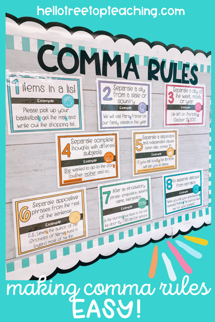 Rules for commas bulletin board with 8 posters each with a different comma rule