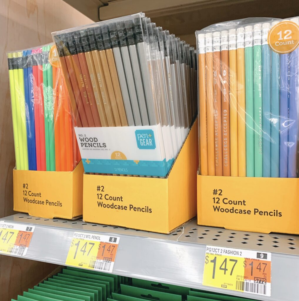 Different sets of colorful pencils on a Walmart shelf