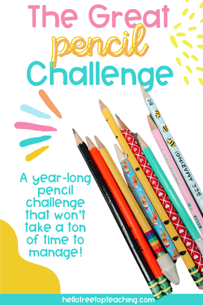 A selection of 9 pencils of different colors and lengths with words that read "The Great Pencil Challenge" and "A year-long pencil challenge that won't take a ton of time to manage."