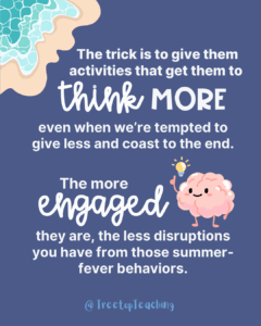 The trick is to give them activities that get them to think more. The more engaged they are, the less disruptions re present. Navy blue background with white text and a graphic of brain and a lightbulb. 