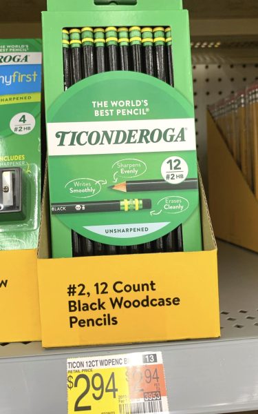 Black Ticonderoga pencils on a Walmart shelf